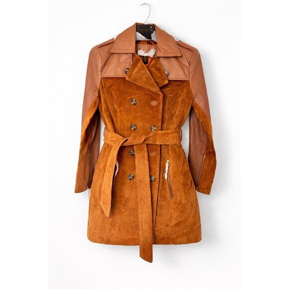 IMAN Jackets & Blazers - IMAN Global Chic Suede Leather Trench Belt 70s Retro Boho Coat Double Breast XS